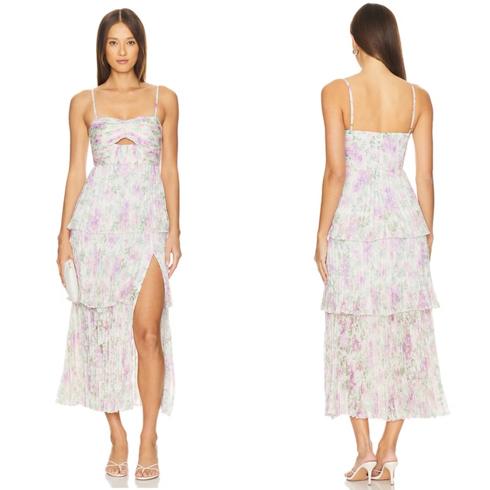 New ASTR Emmi Pleated Midi Cut Out Dress in Purple Floral Mesh - Picture 2 of 5